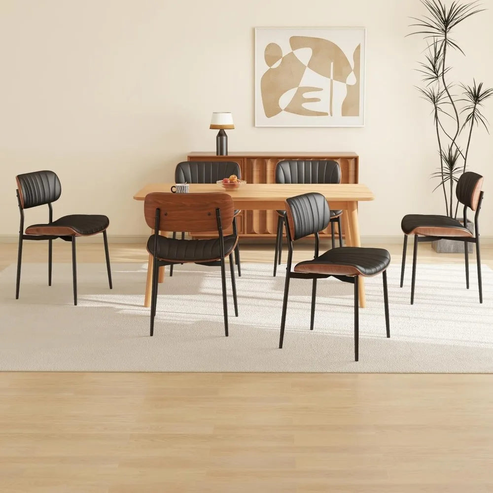 Modern PU Leather Dining Room Chairs Set of 6, Upholstered Kitchen Chairs with Walnut Bentwood Back and Metal Legs Adjustable