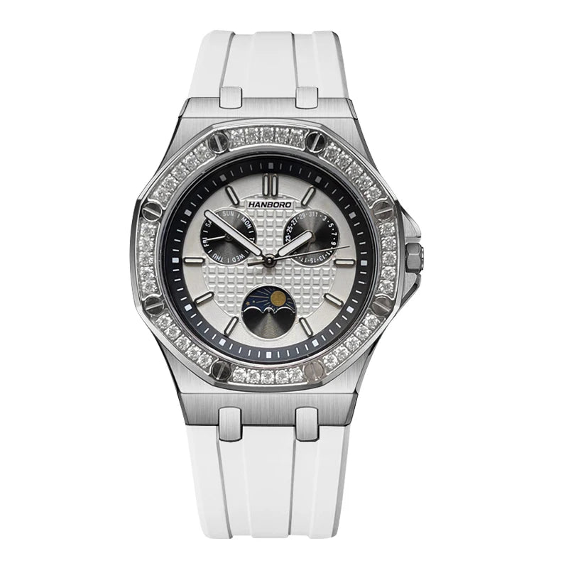 Hanbro Women Luxury Watch 37mm Ladies Vintage Quartz Wristwatch Luminous Waterproof Silicone Strap Week Date Triple Windows