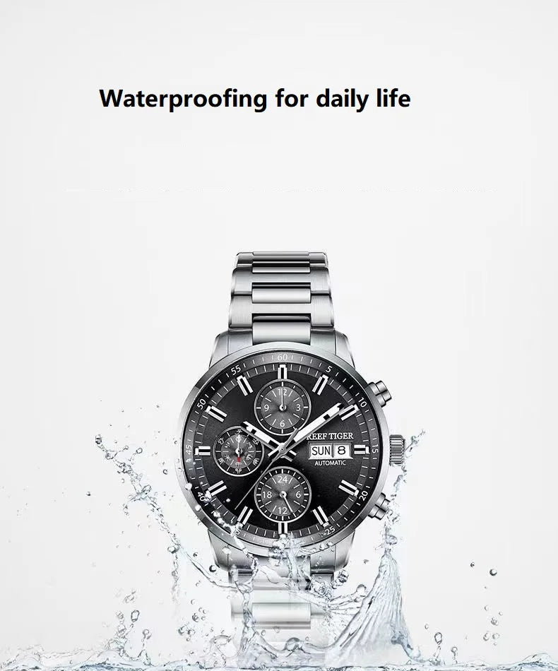 reef tiger Men's Mechanical Watch, Fully automatic multi-functional dual calendar business men's watch, waterproof men's timepie