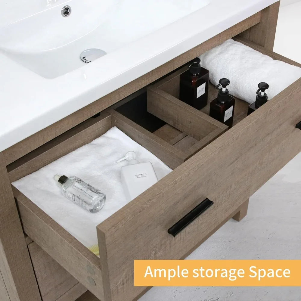 32" Bathroom Vanity and Sink Combo Cabinet Undermount Ceramic Vessel Sink Chrome Faucet Drain with Mirror and Shelf Vanities Se