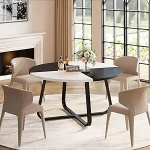 Modern Round Dining Table, Wood Metal Kitchen Tables,Industrial Large Dinner Room Tables for 6 to 8, Circle Dining Room Table f