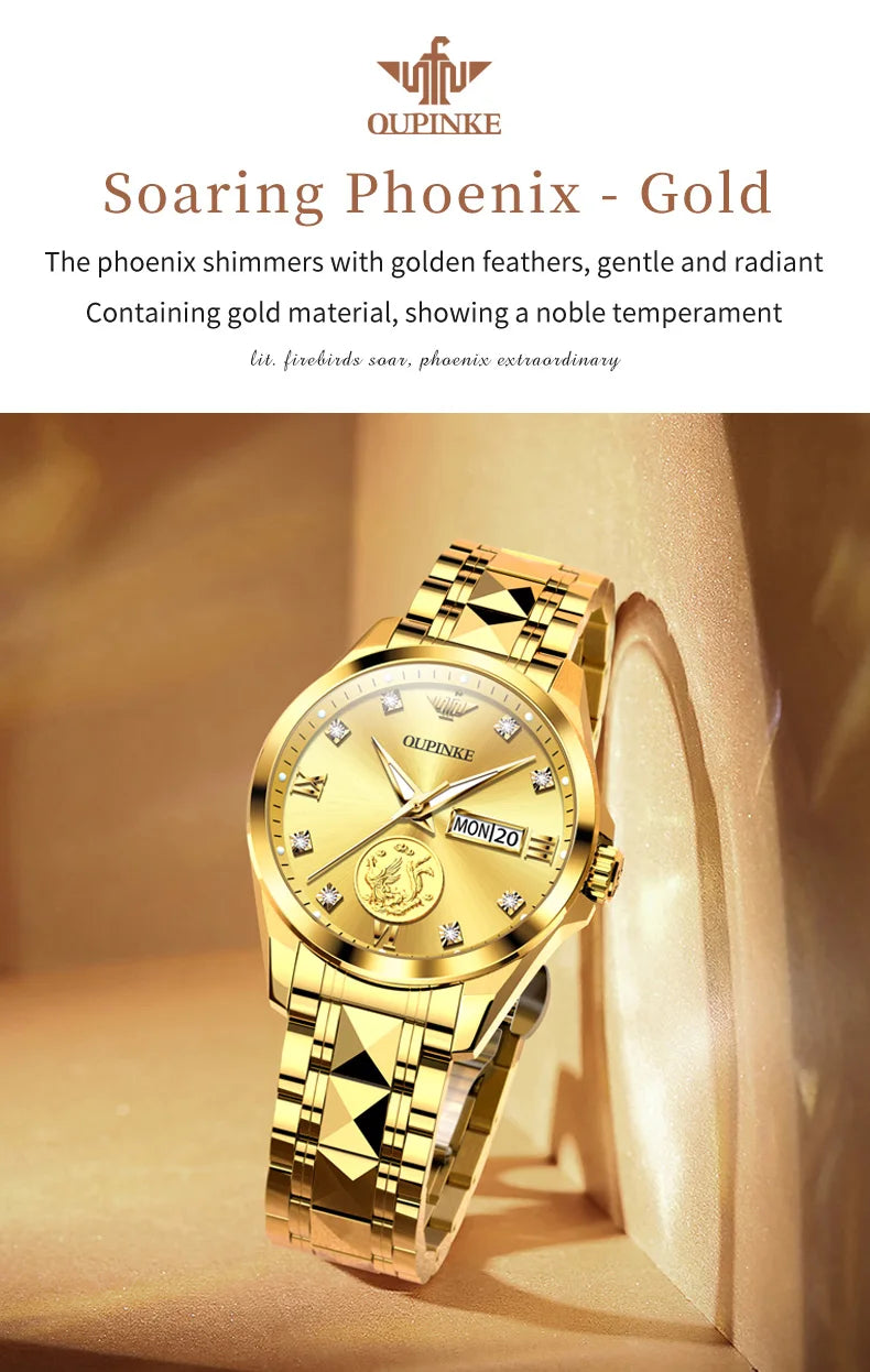 OUPINKE 3259 Real Gold Phoenix Women Watch Luxury Swiss Certified Automatic Mechanical Watch Elegant Travel Dress Women Watch