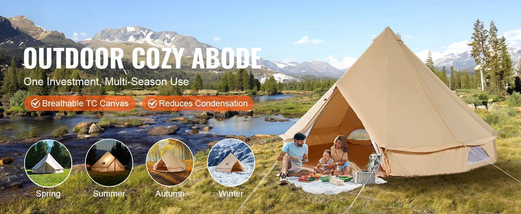 SucceBuy Canvas Bell Tent 4 Seasons 5m Yurt Tent Canvas Tent for Camping with Stove Breathable Tent Holds up to 8 People