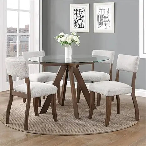 Furniture Wade 5pc Dining Table Set, 48" Round Glass Tap Top w/ 4 White Upholstered Side Chairs, 10mm Tempered Glass, Dining Ro