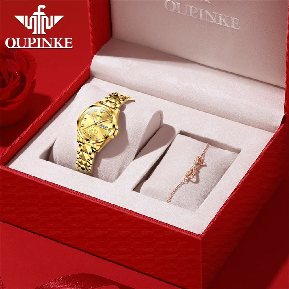 OUPINKE 3259 Real Gold Phoenix Women Watch Luxury Swiss Certified Automatic Mechanical Watch Elegant Travel Dress Women Watch