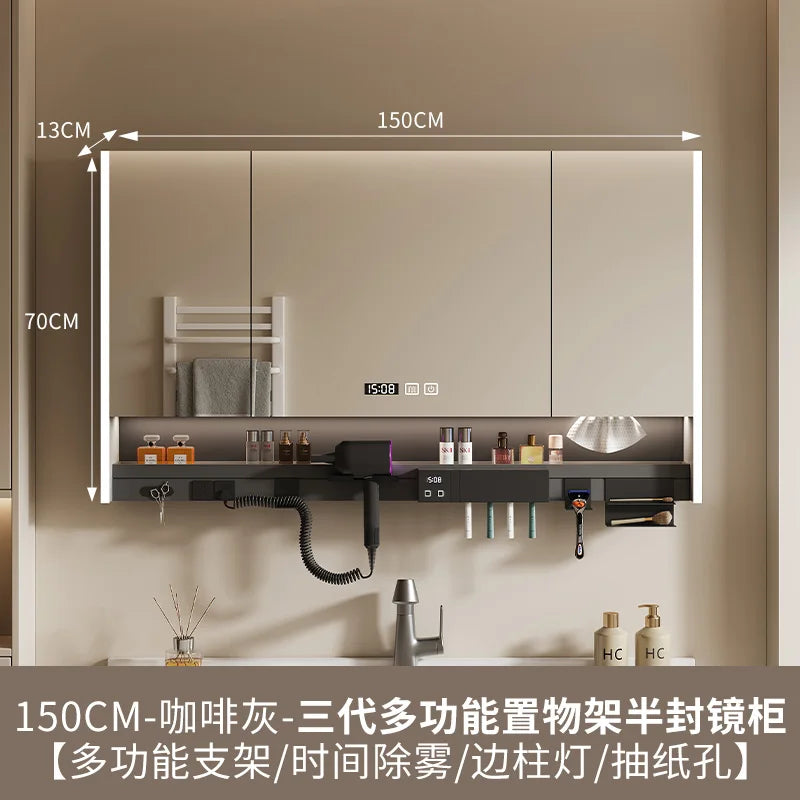 Nordic Luxury Smart Bathroom Mirror Cabinet Wall-mounted LED Light Anti-fog Bathroom Mirror Simple Bathroom Furniture FYBC