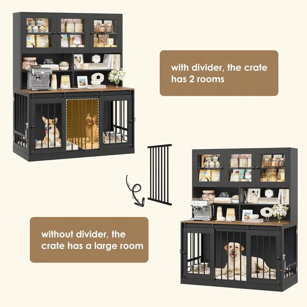 Dog Crate Furniture for Large Dogs for 2 Pets with Divider, Front&Sides 4 Doors Dog Kennel with Feeding Bowls, Indoor Cage/Side