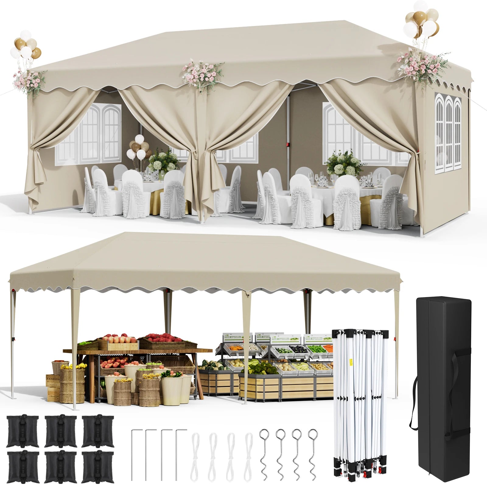 Pavilion Popup Gazebo 3x6m Waterproof Folding Gazebo Tent Party Tent with 6 Side Panels UV 50+ Height Adjustable 2-3M