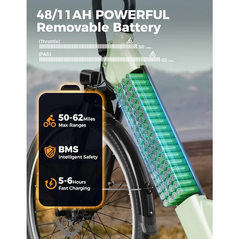 Roamer ST Electric Bike for Adults, 1200W Peak Motor Max 62miles & 28MPH City Cruiser Ebike,26'' Commuter Ebike, 528WH Re