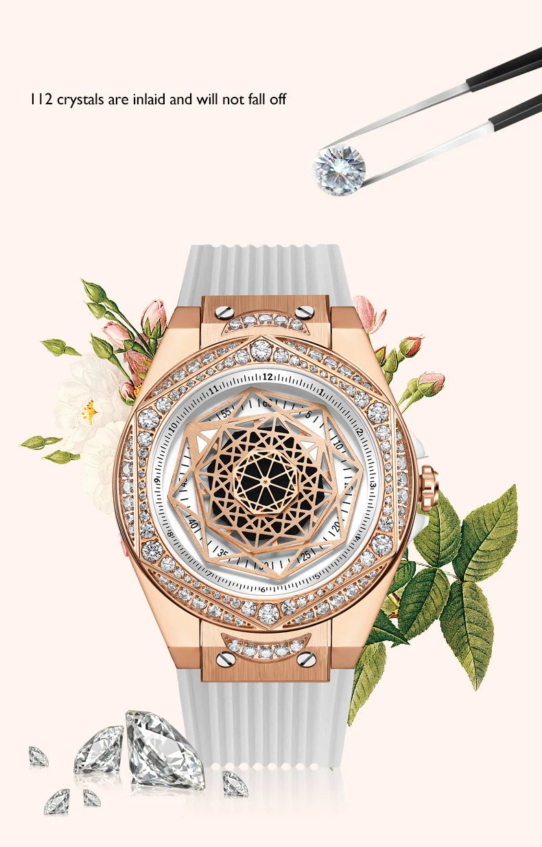 HANBORO Women Luxury Watch 36mm Ladies Quartz Wristwatch Luminous Waterproof Silicone Strap 112pcs Crystal