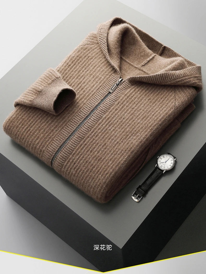 New Men's Thick Zipper Hoodie Cardigan100% Merino Wool Knitted Sweater Casual Loose Autumn/Winter Warm Hoodie Long Sleeve Jacket