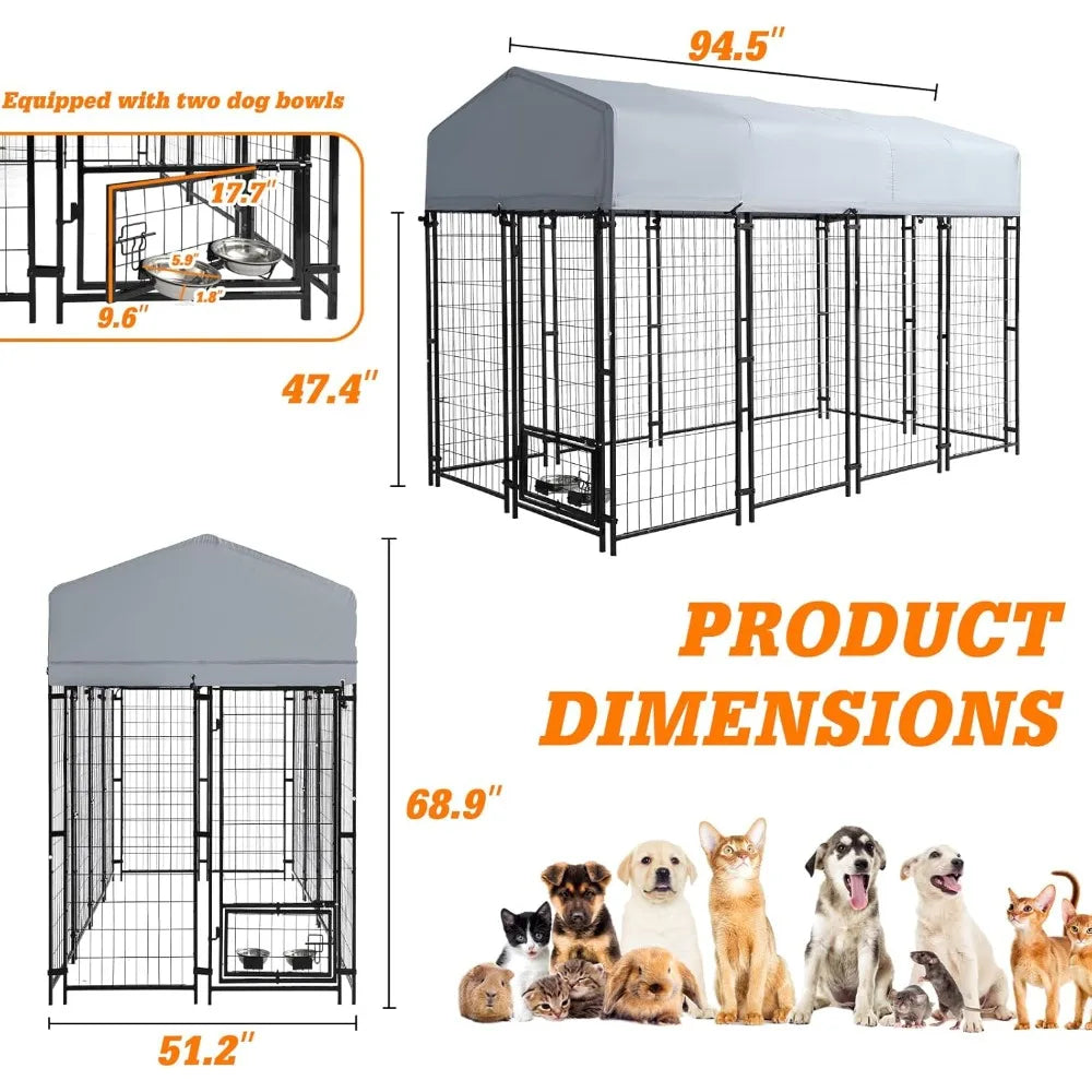8x4x6 FT Outside Large Dog Kennel with roof - Outdoor Heavy Duty Welded Wire Steel Dog Playpen with Rotating Bowls, Dog Run Encl