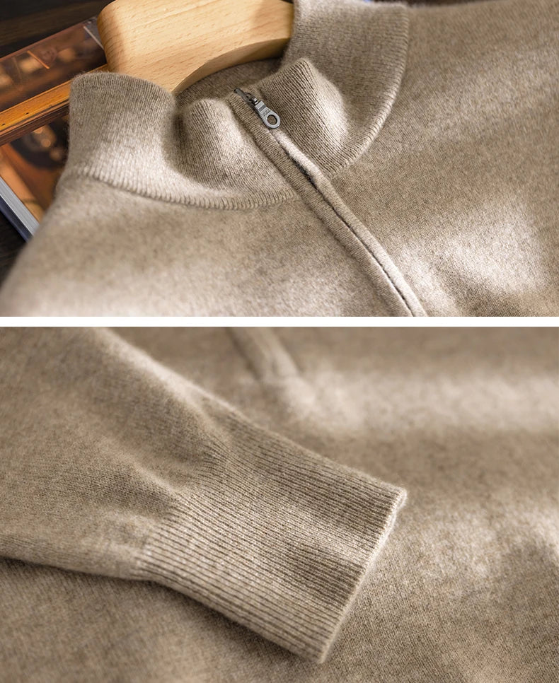 Class A 100% Pure Cashmere Men's Sweater Autumn Winter Semi Open Collar Zipper Pullover Sweater, Casual Business Men's Clothing