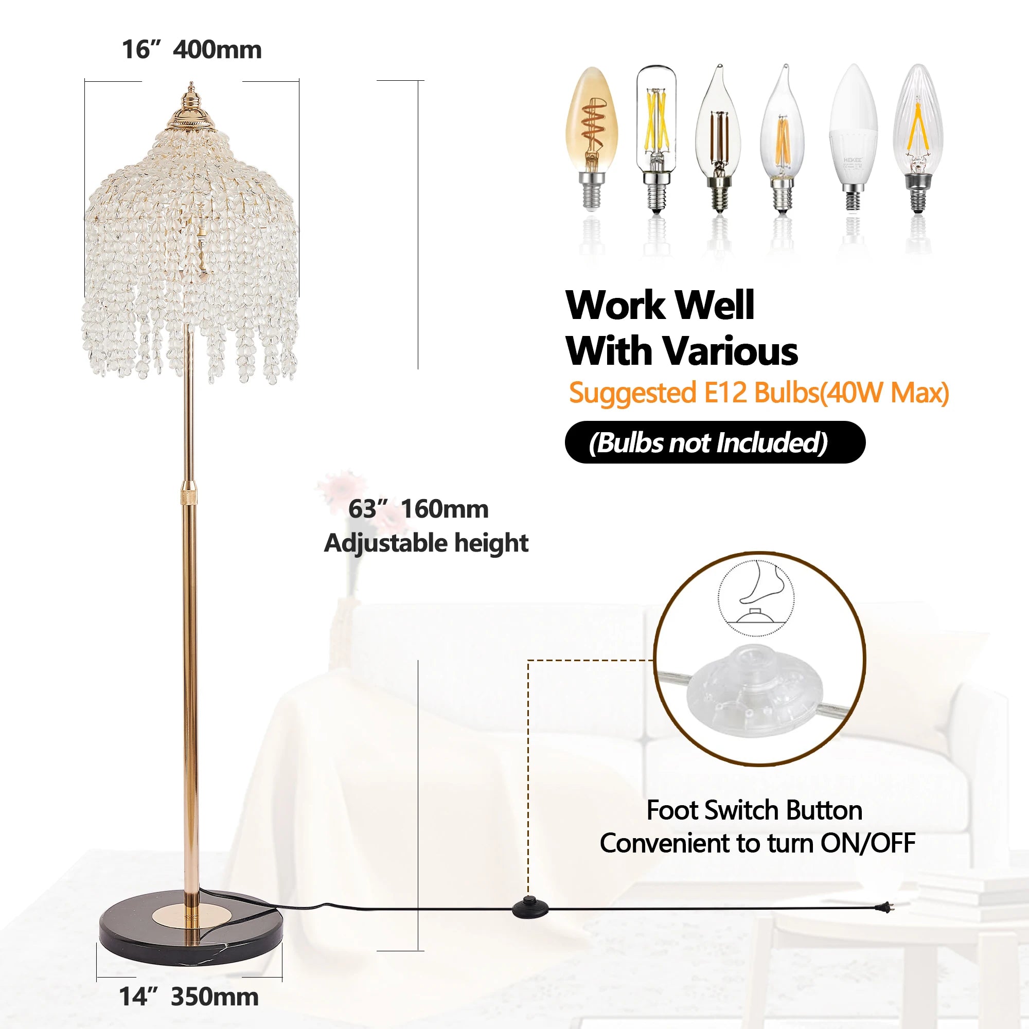 63” 3-Light Gold Crystal Floor Lamp with Grape Shaped Crystal Bead String and Marble Textured Base for Living Room Den Bedroom
