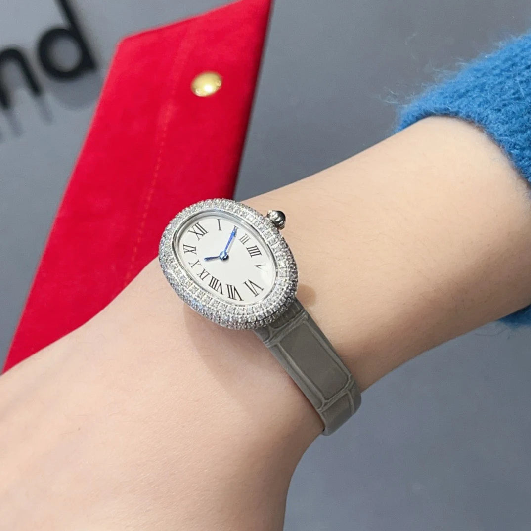 Brand Wrist Watches Woman Girl High Quality 23mm Diamond Oval Style Japanese Quartz Movement Leather Strap Clock CT80