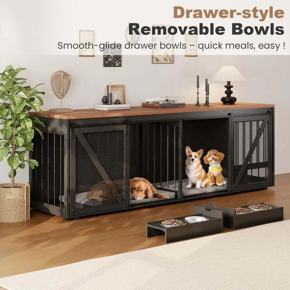 Double Dog Crate Furniture, 94.5-Inch Kennel with Detachable Bowl Drawers, Sliding Barn Door, and Divider
