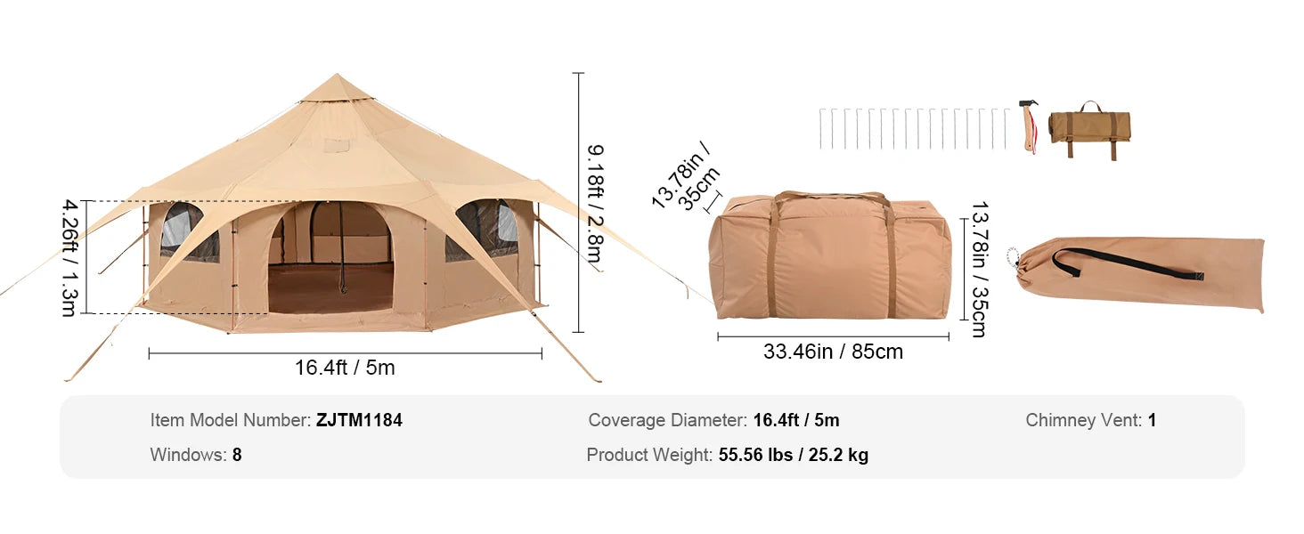 SucceBuy Canvas Bell Tent 4 Seasons 5m Yurt Tent Canvas Tent for Camping with Stove Breathable Tent Holds up to 8 People