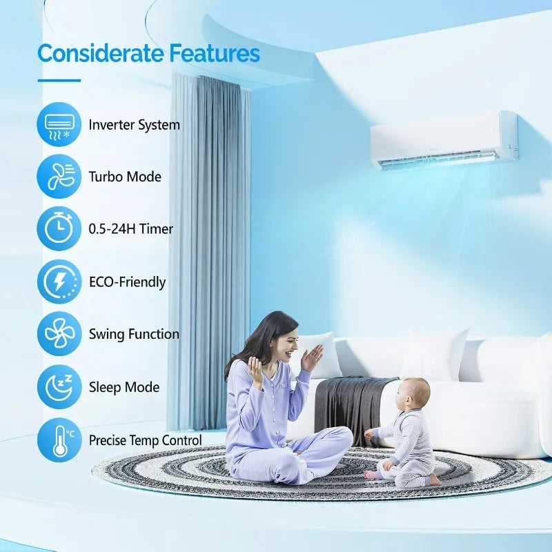 9000 BTU Mini Split AC/Heating System with Inverter, 19 SEER2 Energy Saving 115V Ductless Split-System Air Conditioner