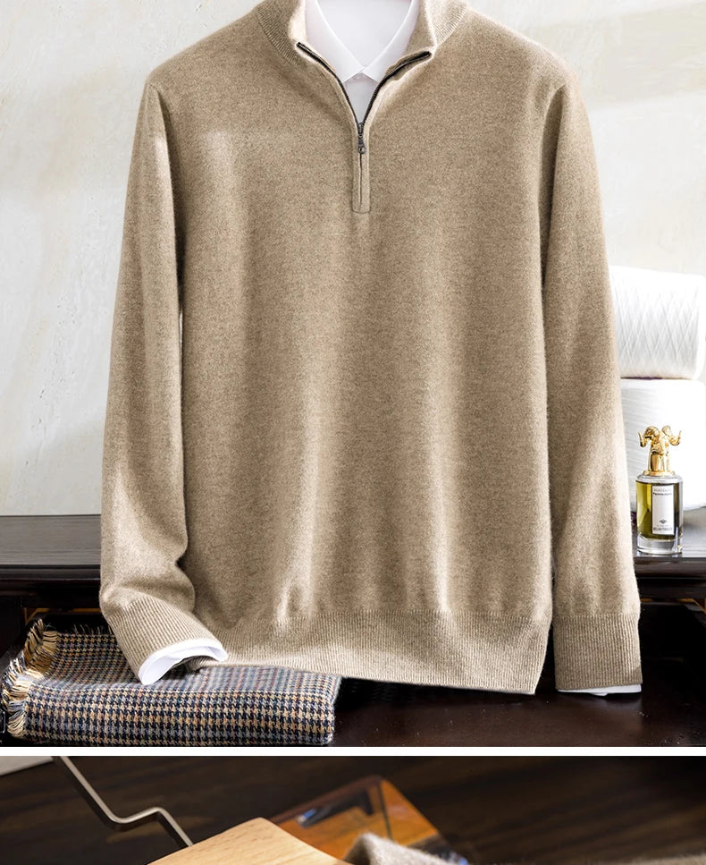 Class A 100% Pure Cashmere Men's Sweater Autumn Winter Semi Open Collar Zipper Pullover Sweater, Casual Business Men's Clothing