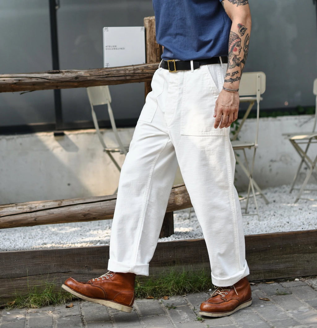 SauceZhan OG107 Fatigue Utility Pants Classic Olive Sateen Men's Baker Pants Satin Cotton Original Loose Fit