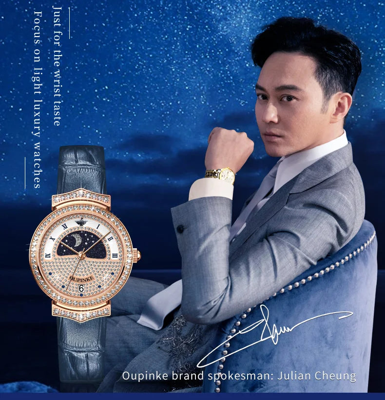 OUPINKE Original Women Watch Ladies Analog Quartz Diamond Wristwatch Stainless Steel Moon Phase 5Bar Waterproof Luxur Brand 3216
