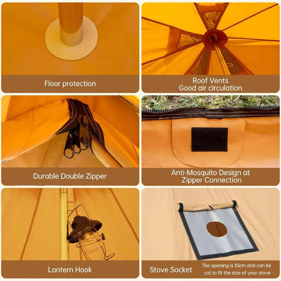 Cotton Canvas Bell Tent with Stove Jack Roomy Yurt for Family Glamping Camping 4 Season Tent with Zipped Removable Floor