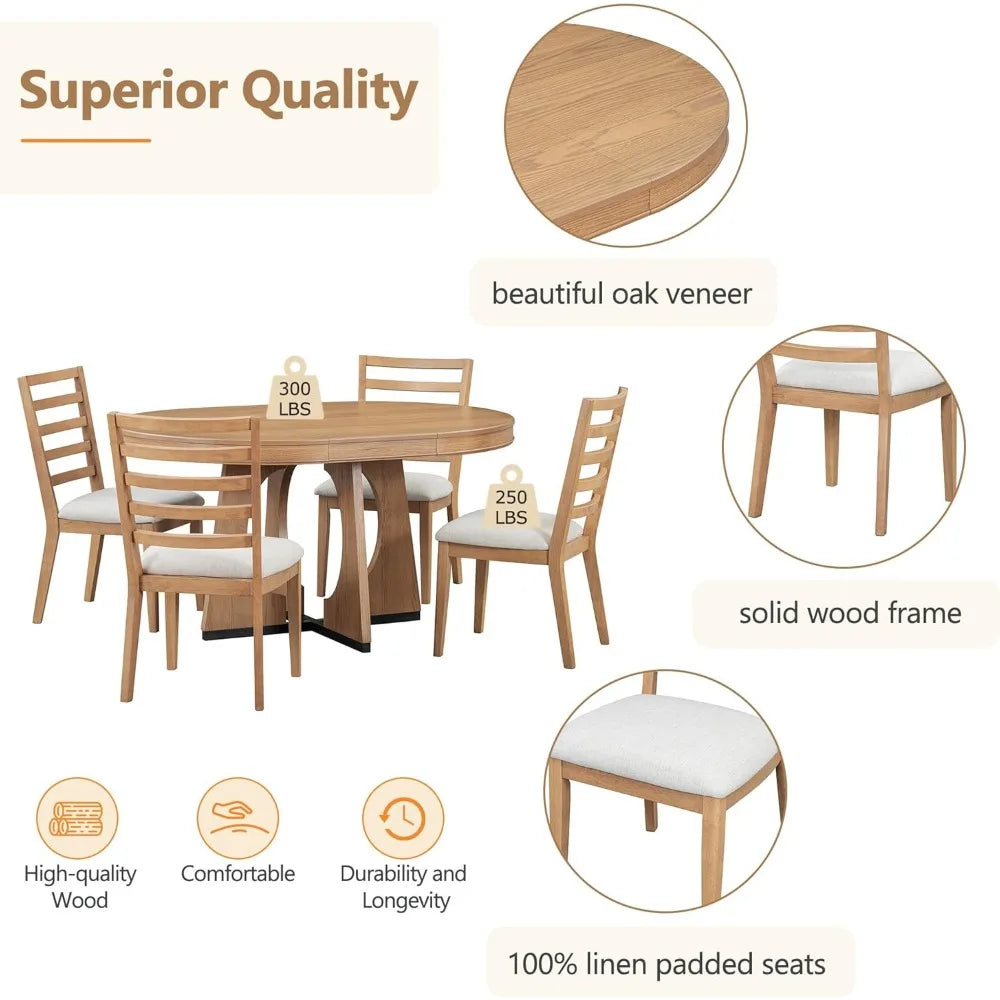 5 Piece Extendable Farmhouse Round Dining Table Set, 58" to 42" Oval Dining Room Table for 4 6 8 People and 4 Upholstered Chairs