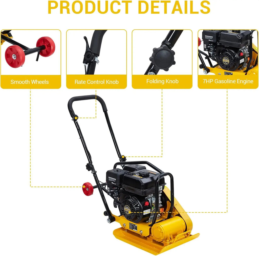 Plate Compactor 7HP 212cc Gas Engine 5,600 VPM 4200 lbs Force Vibratory Compaction Tamper for Walkways Patios Paver Landscaping