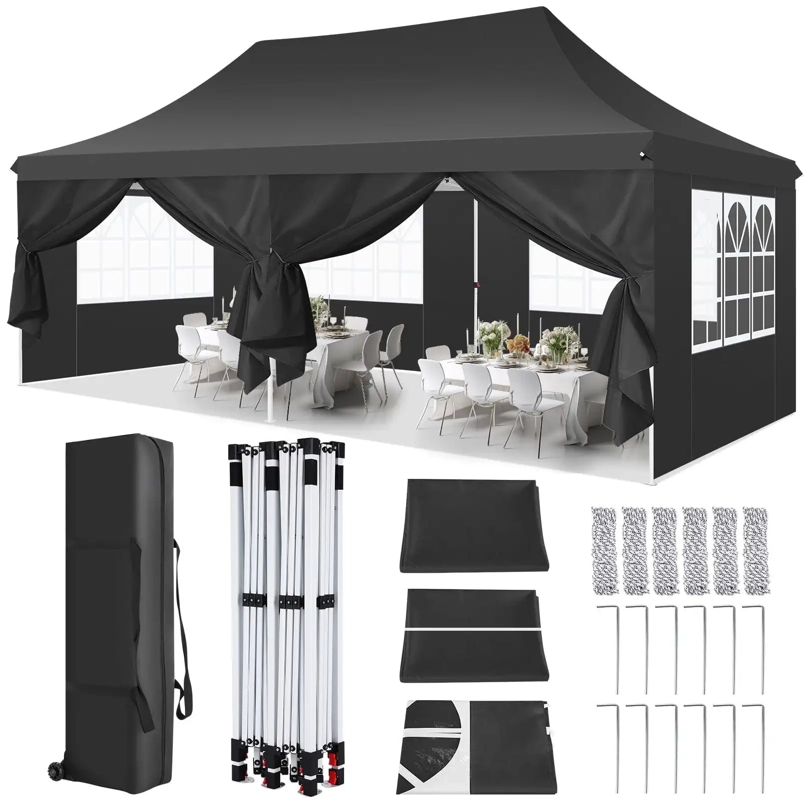 Pavilion Popup Gazebo 3x6m Waterproof Folding Gazebo Tent Party Tent with 6 Side Panels UV 50+ Height Adjustable 2-3M