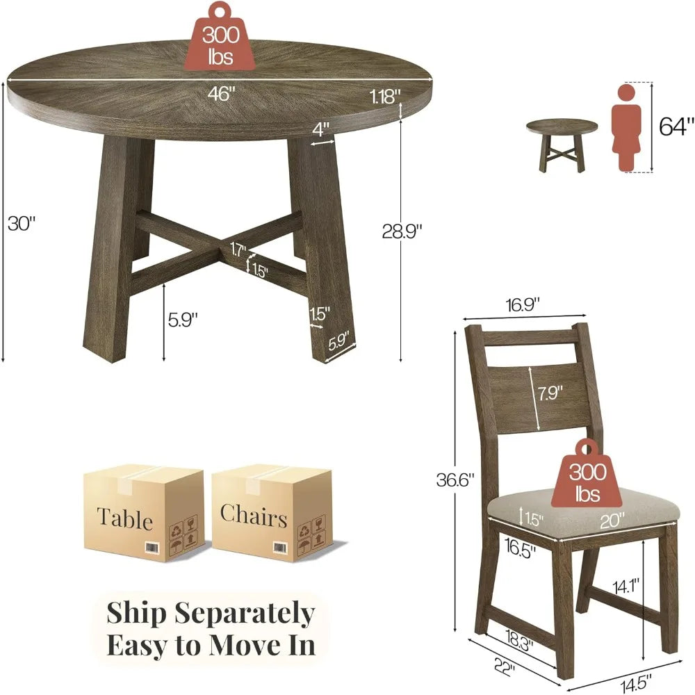 Round Solid Wood Dining Table Set for 4, 5-Piece Mid-Century Kitchen & Dining Room Furniture with Padded Chairs, Space