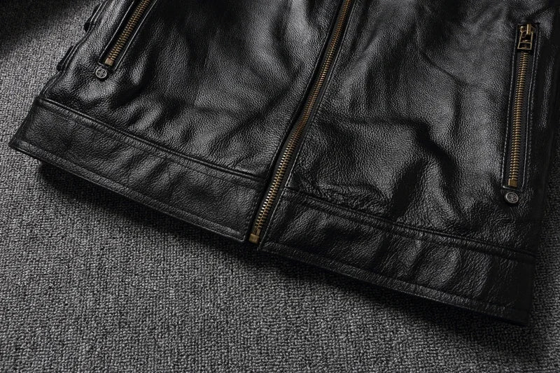 2023 New Skull Embroidery Men's First Layer Cowhide Leather Jacket Motorcycle Slim  Oversize Coat