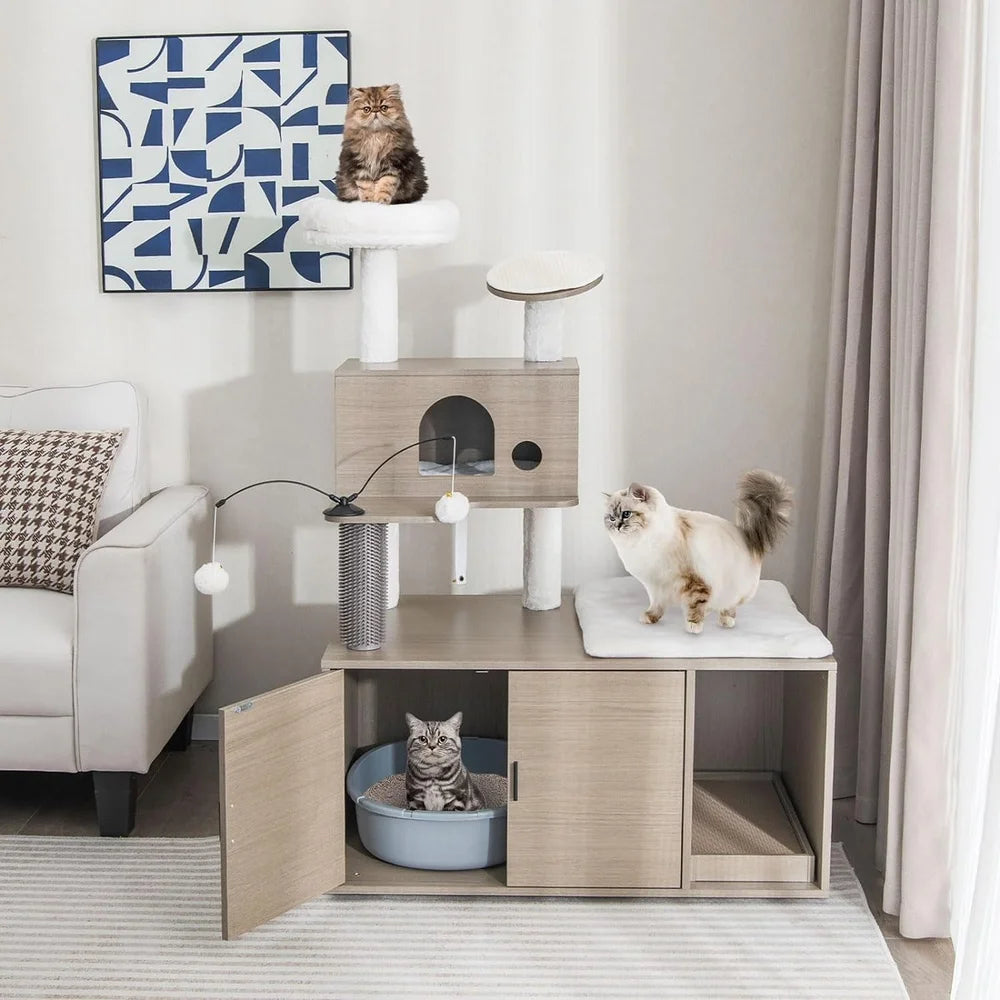 2-in-1 Cat Tree Tower with Litter Box Enclosure Multi-Level Cat Condo Plush Scratching Board Self Grooming Tools Safe Design