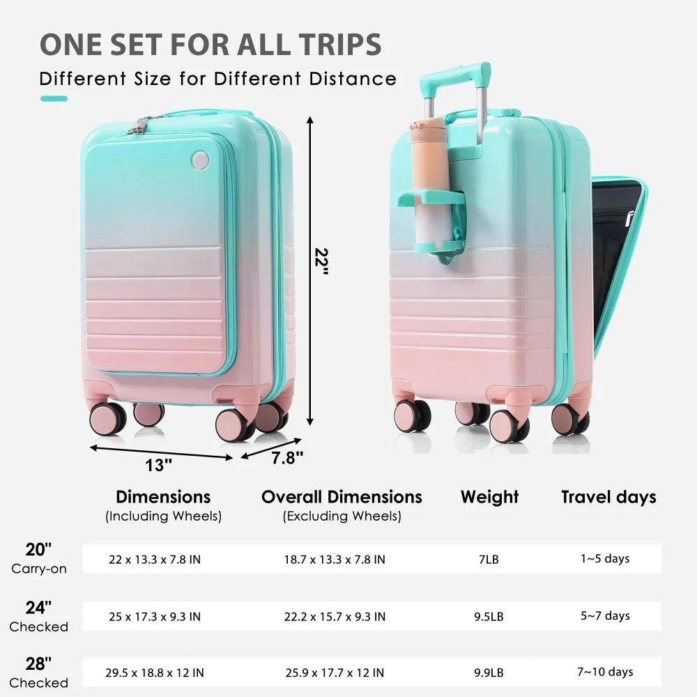 USB Port 20 24inch Front Opening Design Airline Certified Carry on Luggage ABS+PC Hard Shell Luggage with Spinner Wheels