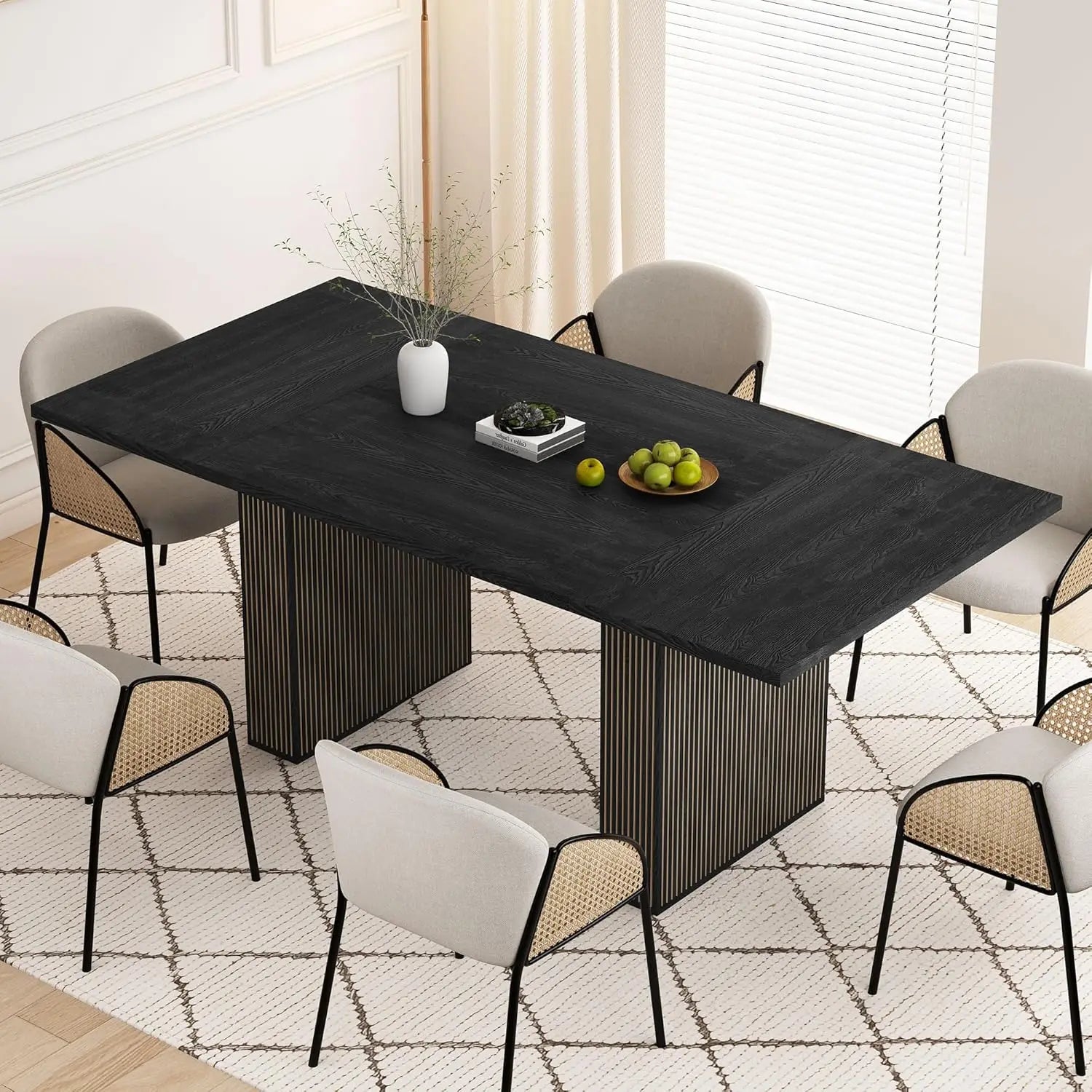 78 Inch Rectangular Dining Table for 6 to 10, Farmhouse Fluted Dining Kitchen Table, Modern Wood Long Dining Table for Kitchen