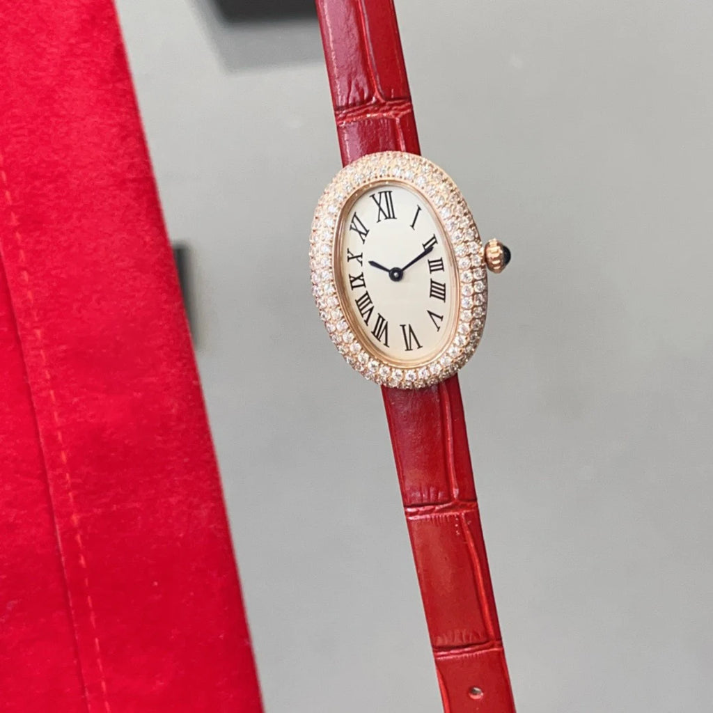 Brand Wrist Watches Woman Girl High Quality 23mm Diamond Oval Style Japanese Quartz Movement Leather Strap Clock CT80
