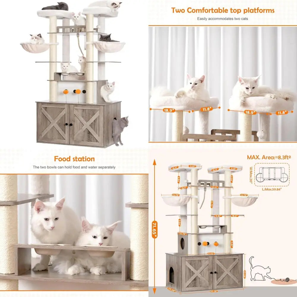 72-inch Tall Wooden Maine Coon Cat Tree with Litter Box Enclosure for Large Indoor Cats