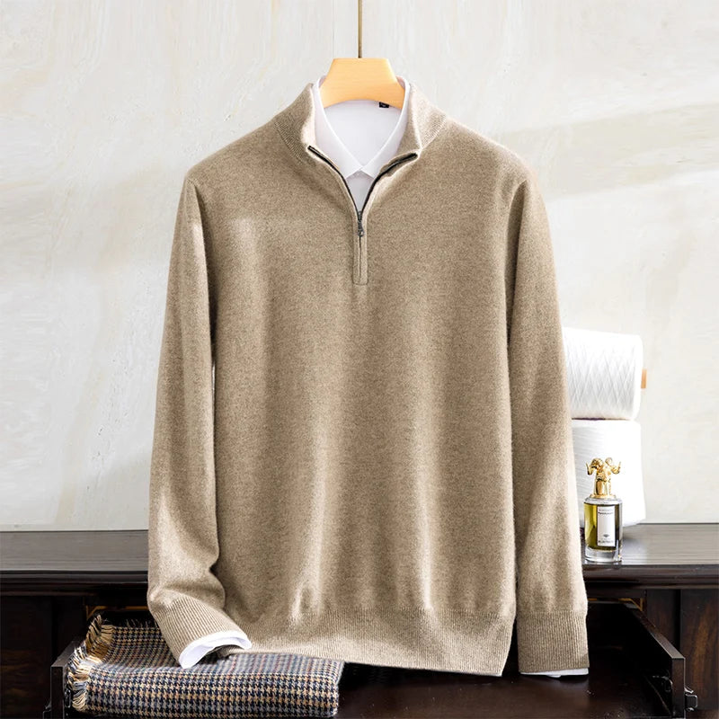 Class A 100% Pure Cashmere Men's Sweater Autumn Winter Semi Open Collar Zipper Pullover Sweater, Casual Business Men's Clothing