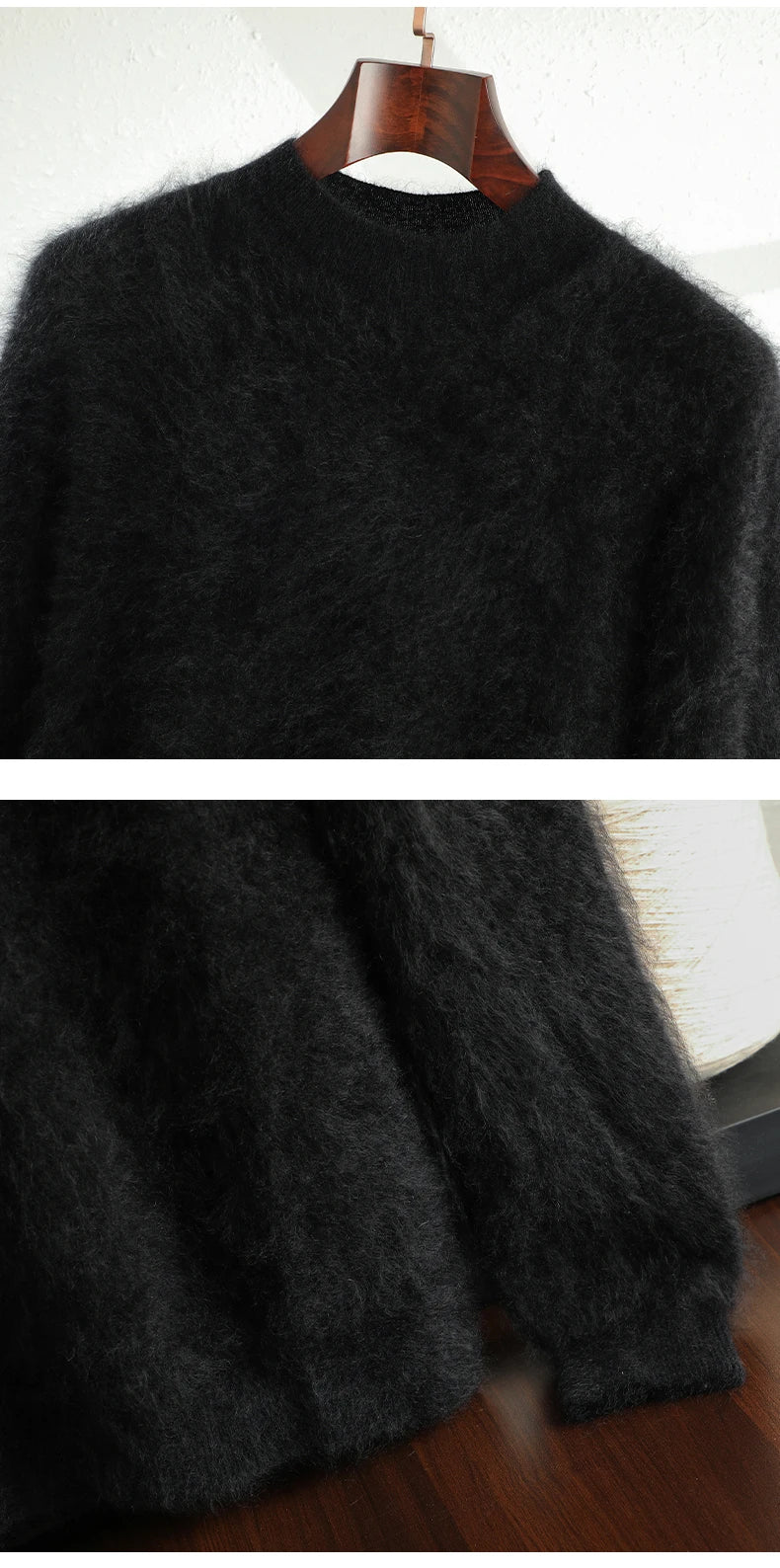 2024 Men 100% Plush Cashmere Sweaters Mock Neck Basic Pullovers Long Fluff Pure Brushing Cashmere Half High Collar Jumper Winter