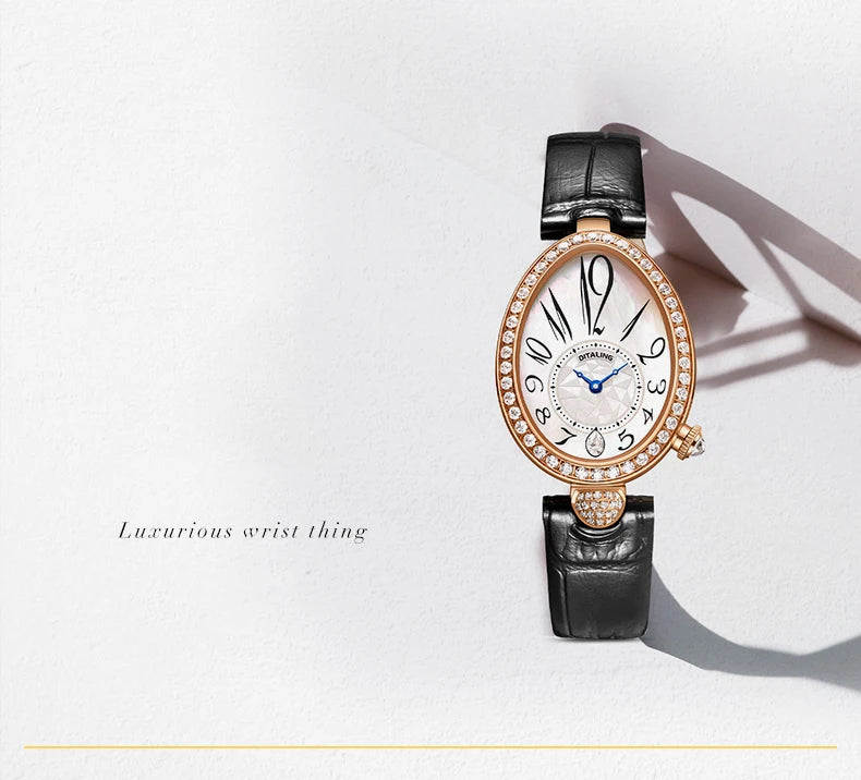 DITALING Women Luxury Watch Ladies Watches Vintage Quartz Wristwatch 30M Waterproof Skeleton Water Drop Shape Case Crystal Bezel