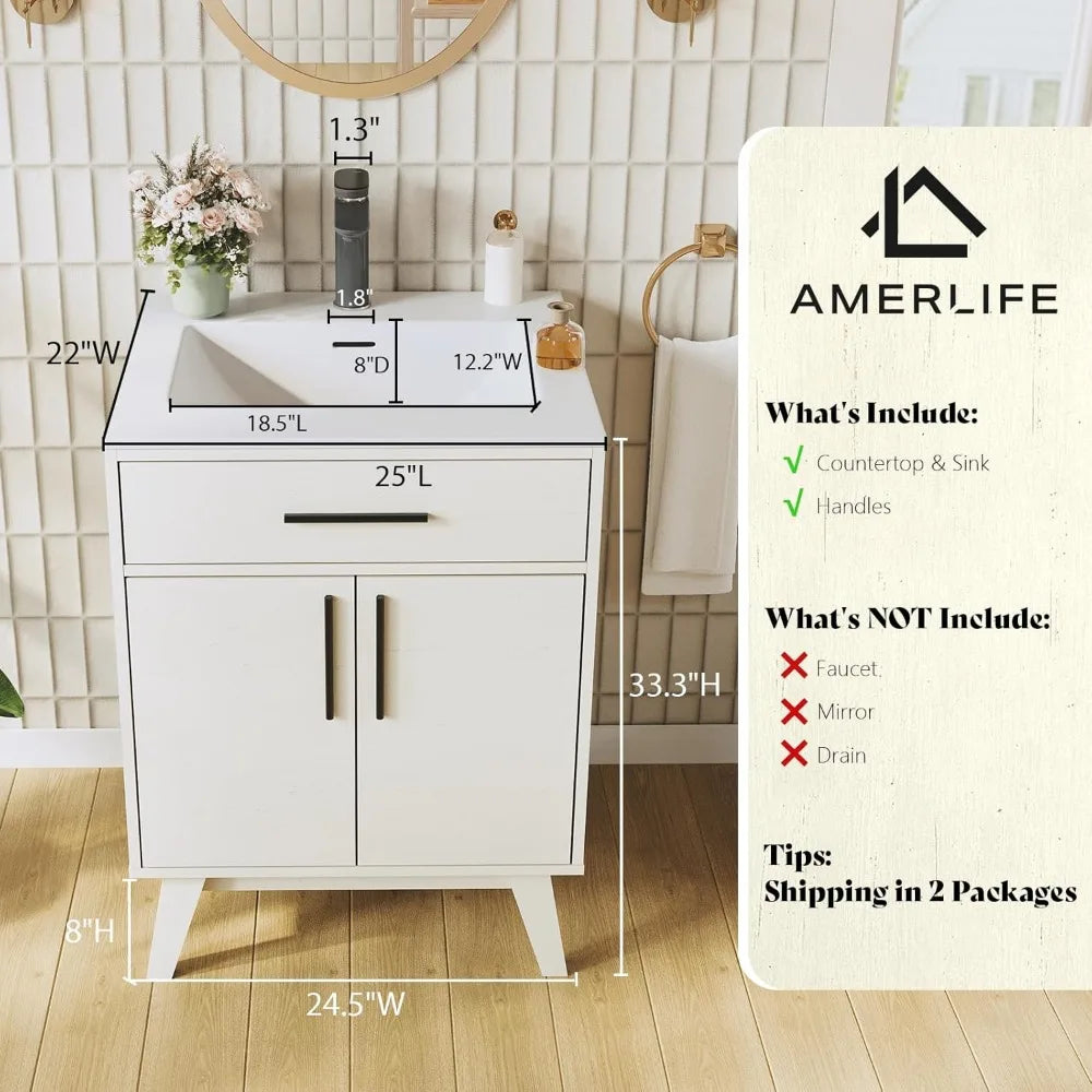 24.5" Bathroom Vanity with Sink Combo, Mid-Century Modern Small Single Bathroom Cabinet Set, Integrated Sink, Soft Closing Door