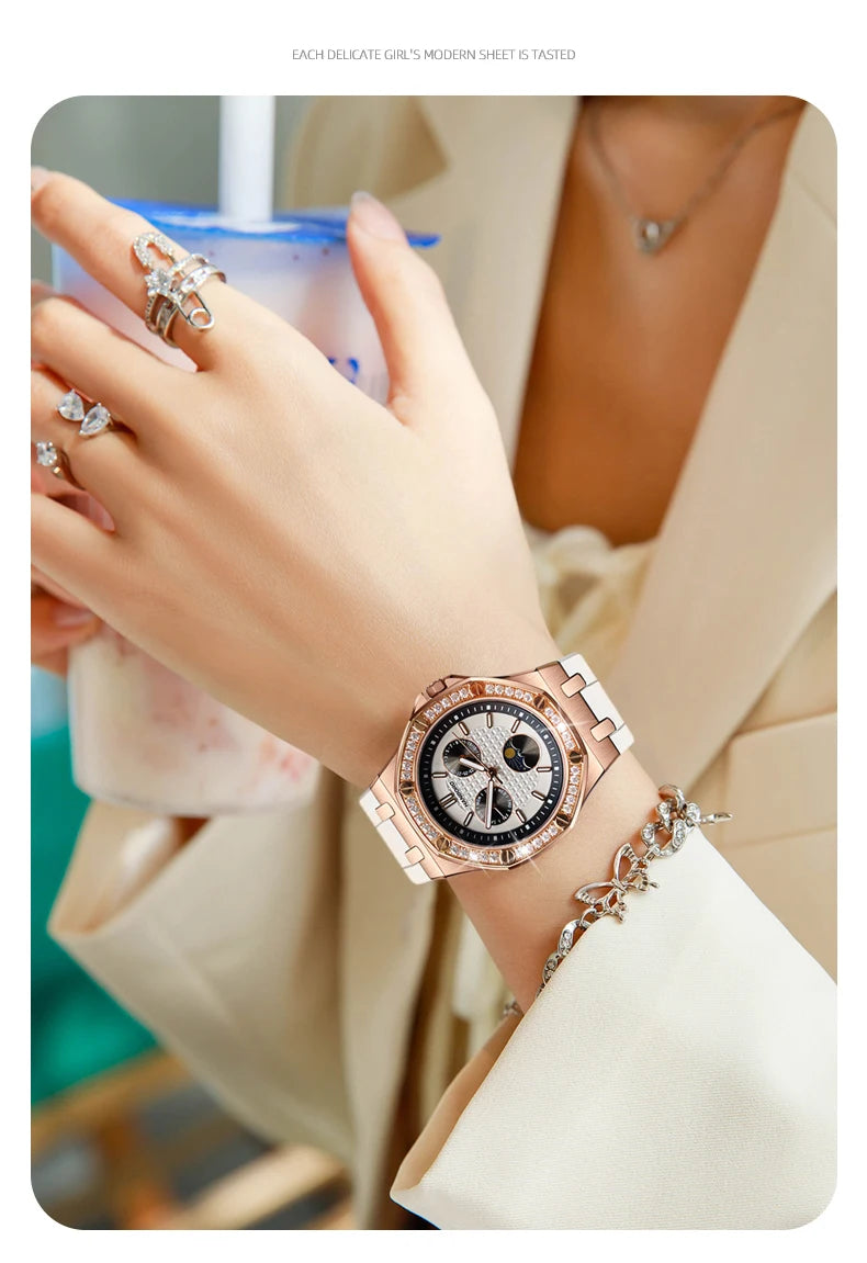 Hanbro Women Luxury Watch 37mm Ladies Vintage Quartz Wristwatch Luminous Waterproof Silicone Strap Week Date Triple Windows
