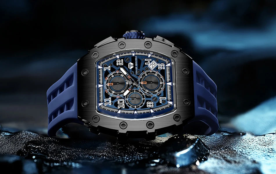 TSAR BOMBA Watch for Men Luxury Brand Tonneau Design Waterproof Clock Stainless Steel Wristwatch Fashion Rectangle Mens Watch