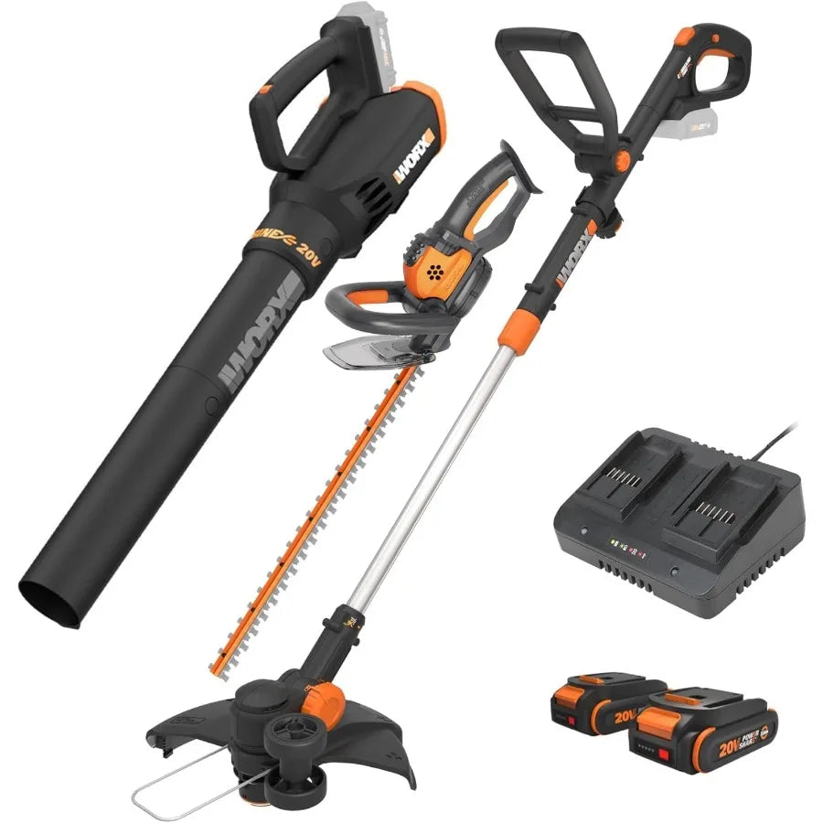 20V String Trimmer + Turbine Blower + Hedge Trimmer Batteries Charger Included