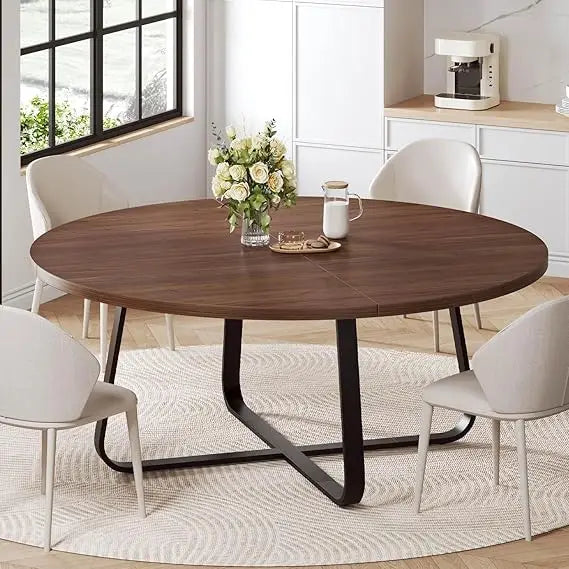 Modern Round Dining Table, Wood Metal Kitchen Tables,Industrial Large Dinner Room Tables for 6 to 8, Circle Dining Room Table f